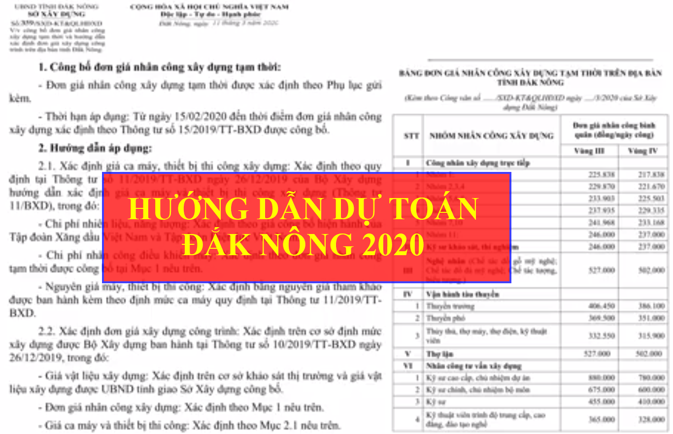Hướng dẫn lập dự toán Đắk Nông theo quyết định 359/SXD-KT&QLHĐXD ngày 11 tháng 03 năm 2020